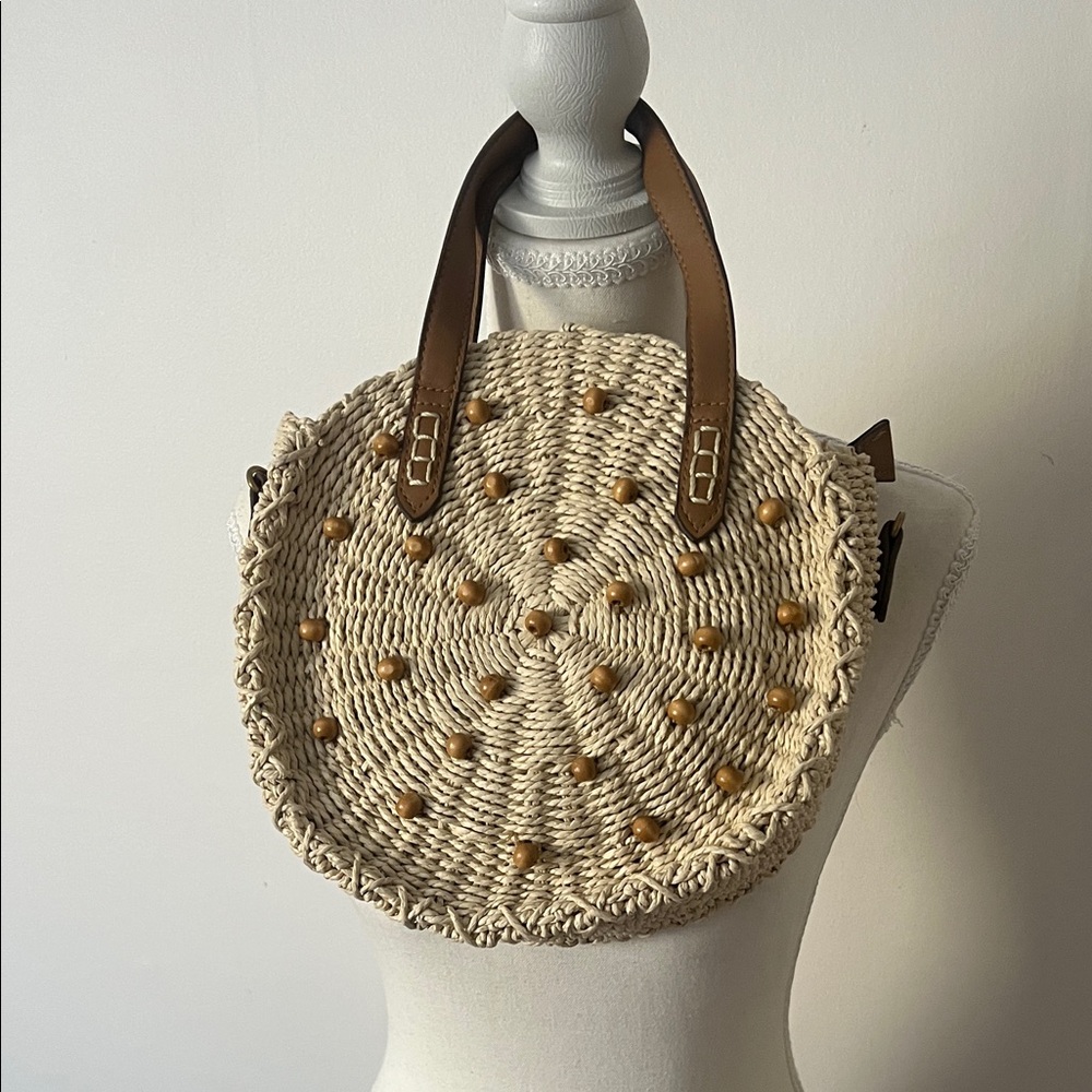 Style & Co. Round Woven Tote with Brown Bead Accents